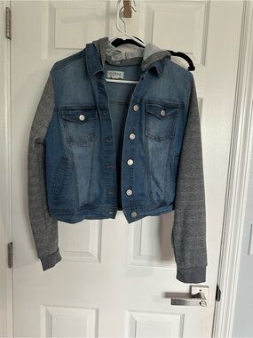 Ci Sono Blue Denim Jacket with Gray Knit Sleeves and Hood